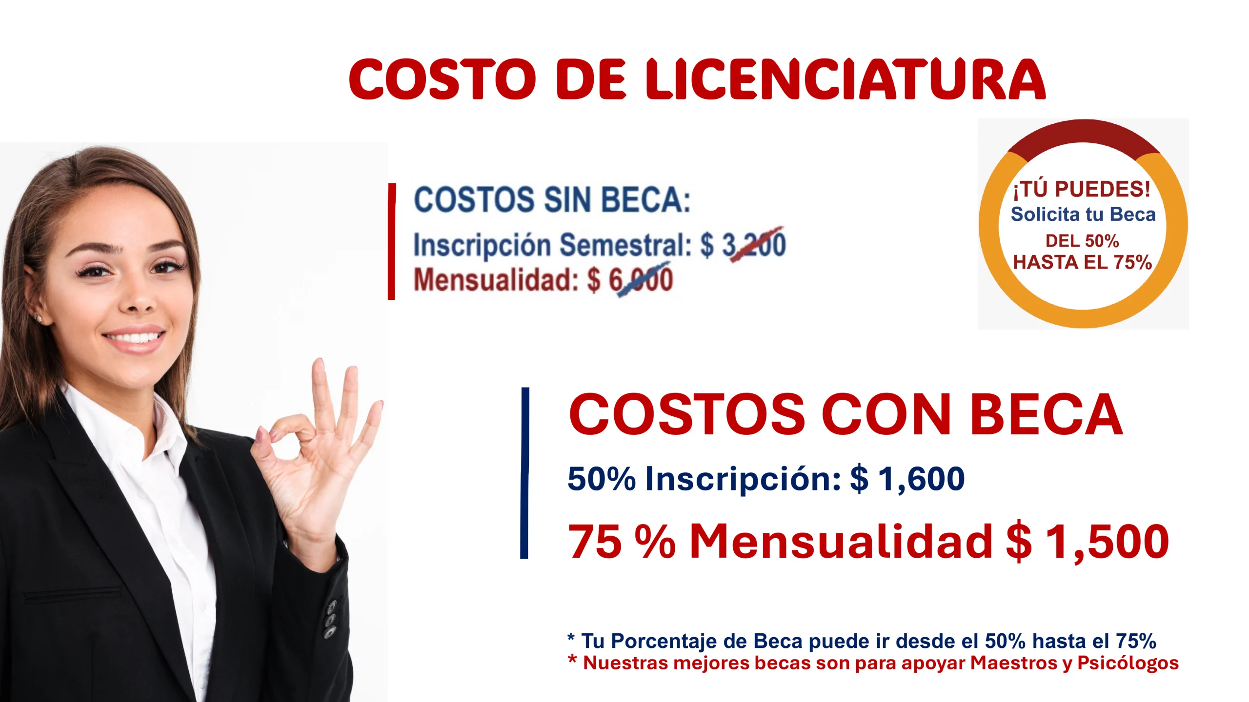 Costo de licenciaturas presenciales con precio completo y con becas de descuento HUMAS Universidad
